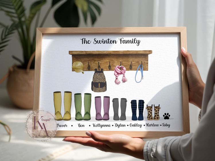 A4 Custom Family Print With Boots, Scarves, Caps, And Pet Icons